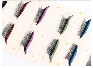 Detailed view of colorful glitter eyeliner stickers and thick false eyelashes set