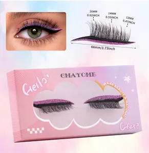 Macro detail of purple glitter eyeliner false eyelash set in sizes 12mm to 16mm