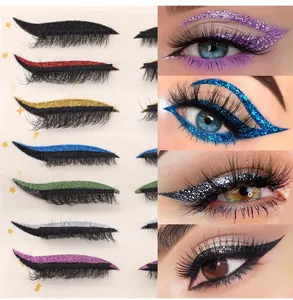Detail of 7-color glitter eyeliner and false eyelash stickers for colorful makeup looks