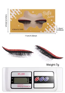 Detailed size and weight specs for thick black false eyelashes with red glitter eyeliner