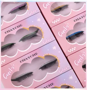 Detailed view of colorful glitter eyeliner lashes in purple green gold and blue variants