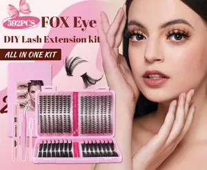 All-in-one fox eye lash extension kit with 592 clusters, pink tweezers and glue