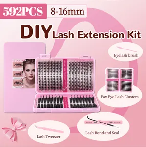 Detailed DIY eyelash extension kit with 592 clusters, fox eye lashes, bond and seal