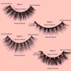 Detailed size chart for 20 pairs of voluminous curly false eyelashes on pink background