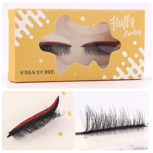 Macro detail of fluffy black false eyelashes with red glitter eyeliner design