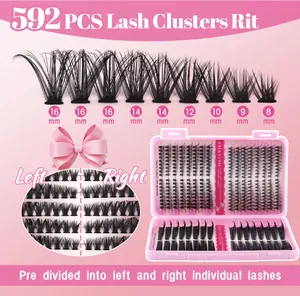 Detail view of 592 individual cluster lashes set in pink box with 8-16mm lengths