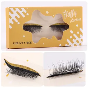 Macro shot of colorful false eyelashes with golden glitter bands in yellow packaging