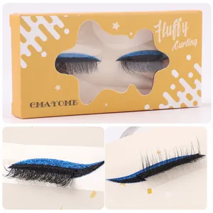 Macro detail of fluffy blue glitter eyeliner lashes in vibrant yellow packaging box