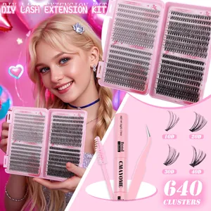 DIY Lash Extension Kit with 640 clusters bond and seal and pink tools in macro detail