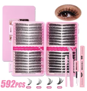 Detail of DIY individual lash clusters set with tools and 30D to 60D mixed density extensions