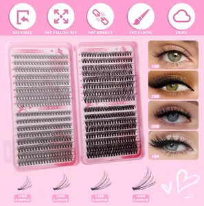 DIY cluster lashes set with 10D to 40D density and various lengths shown on pink packaging