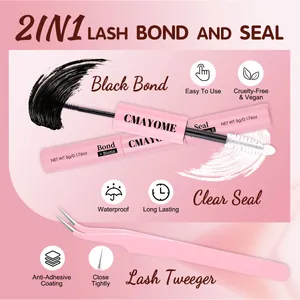 Detailed view of 2-in-1 lash bond and seal dual-ended tube with pink lash tweezers
