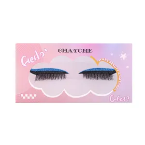 Self-adhesive false eyelashes with blue glitter eyeliner stickers on purple packaging card