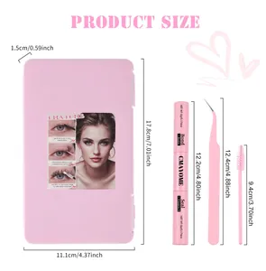 Detailed size guide for DIY eyelash extension kit including tools and pink storage box