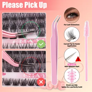 Gedetailleerde wimperverlengingsset met gebogen roze pincet, borsteltje en C-krul wimpers