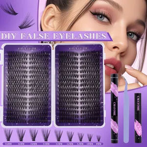 DIY cluster lash extension kit with D curl 8-16mm lashes, bond and seal, plus purple tweezers
