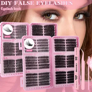 DIY eyelash extension kit featuring various lash clusters, bond seal glue, and tools
