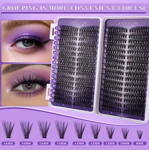 Detail showing 576 clusters of D-curl lash extensions in various lengths from 8mm to 16mm