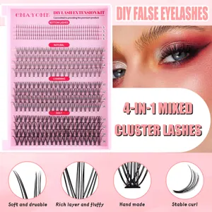 Detail of 400 cluster eyelash extension kit with various lengths from 5mm up to 16mm