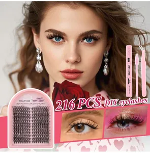 DIY cluster lash extension kit with 216 spiky black lashes, glue, brush, and pink tweezers