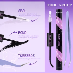 Detailed view of dual-ended eyelash glue bond and seal with professional purple tweezers