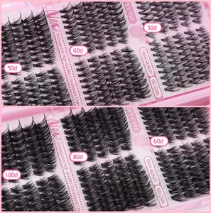 Detail view of DD curl cluster eyelashes in various densities from 30D to 100D