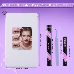 Detailed view of cluster lash extension kit with storage case, glue and tweezers