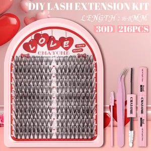 Macro view of 216pcs 30D cluster lashes set with pink tweezers and dual lash bond and seal