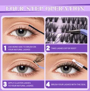 Macro view of 4-step application guide for cluster lashes with tools and instructions