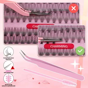 Detailed set featuring curved precision tweezers, pink spoolie brush, and individual lashes