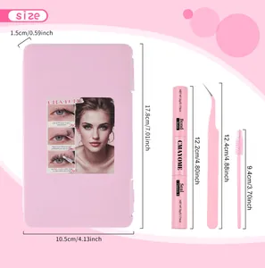Detailed size specifications for DIY lash extension kit with pink storage box and tools