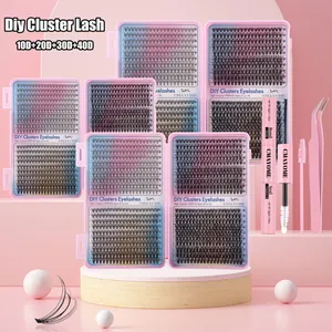 DIY cluster eyelash extension kit with 10D-40D lashes, bond and seal glue, and tweezers