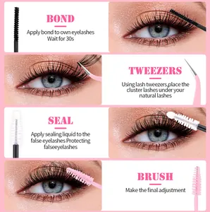 DIY eyelash extension kit guide showing bond, seal, tweezers, and brush application steps