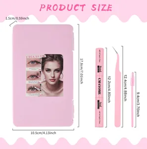 Detaillierte Größentabelle für das rosa Wimpernverlängerungs-Set mit Kleber und Pinzette