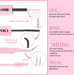 Macro view of eyelash extension tool set including precision tweezers and bond seal brushes