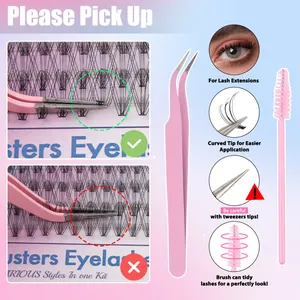 Detailed lash extension kit with curved pink tweezers and brush showing correct application