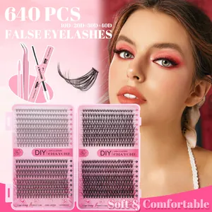 Détail du kit d'extension de cils DIY 640 clusters avec colle, scellant et pince à épiler