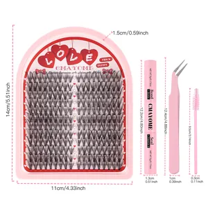 DIY eyelash extension kit with pink applicator, bond, seal, and D-curl lash segments