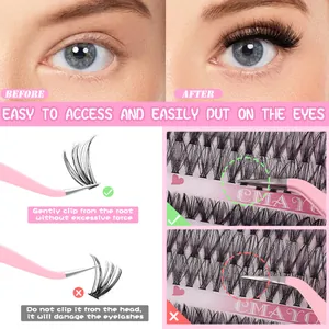DIY cluster lash extension kit with 10D-100D lashes and pink application tweezers