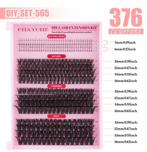 Detail guide of 376 cluster eyelash extension kit with size chart from 5mm to 16mm