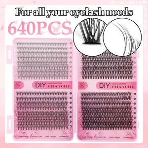 Vue détaillée de 640 grappes d'extensions de cils DIY avec densités de 10D à 40D