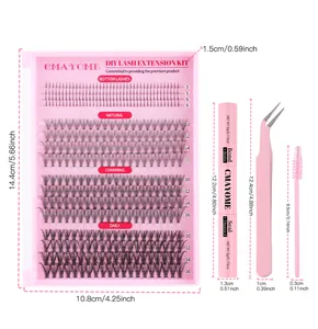 Complete DIY eyelash extension kit featuring individual clusters and pink tools set