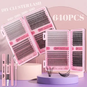 Kit d'extension de cils DIY 640 bouquets avec colle scellante et pince à épiler rose