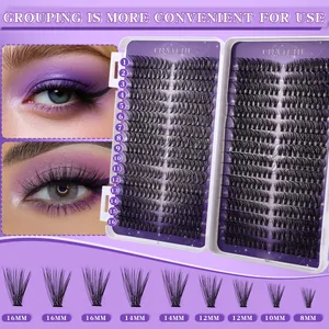 DIY cluster lash extension kit with 16 rows of D curl black lashes in various lengths