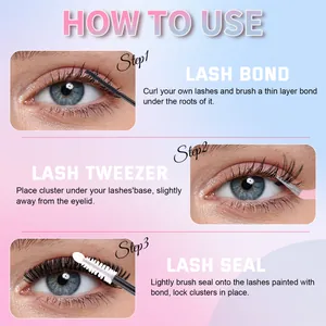 Three-step DIY lash extension kit guide with bond, seal, and tweezers for thick D-curl lashes