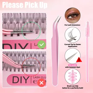Kit d'extension de cils avec pince à épiler courbée et brosse à cils spirale rose