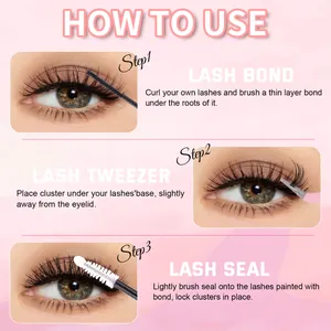 Three-step eyelash extension kit guide with bond, tweezer, and seal application steps