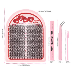 Classic fluffy D-curl cluster lash kit with pink glue, tweezers, and brush set