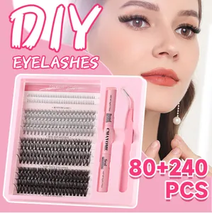 Detailed DIY eyelash extension kit including segment lashes, bond and seal glue, and tweezers