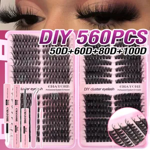 Kit Faux Cils en Grappe DIY D Recourbé Naturel Dense en Fibre Synthétique Avec Colle Pince Pinceau Pour Maquillage Des Yeux Femme